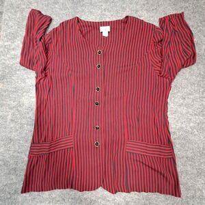 Vintage Good Times USA Red Black Striped Button Front Blouse Size 18 Made in USA